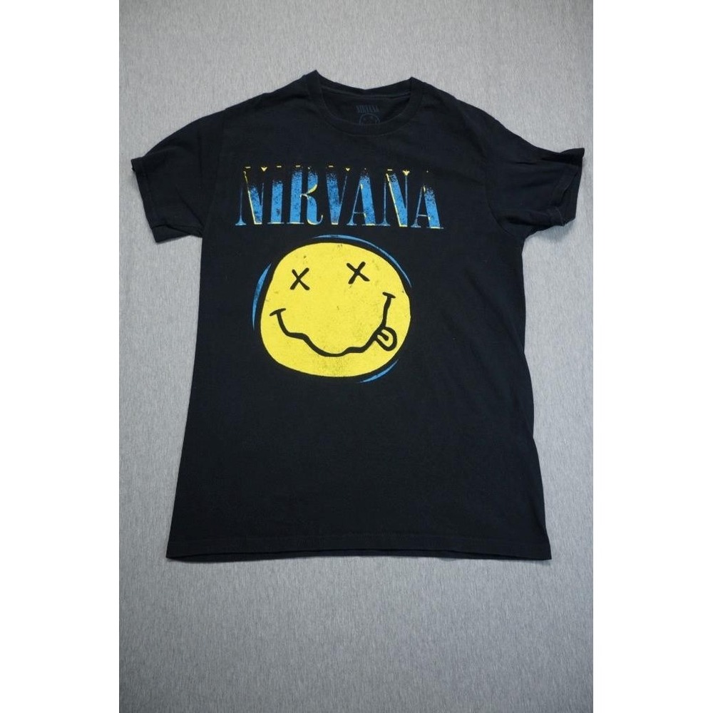 Nirvana Shirt Mens Small Black Rock Band Concert Smiley Face Graphic Unisex